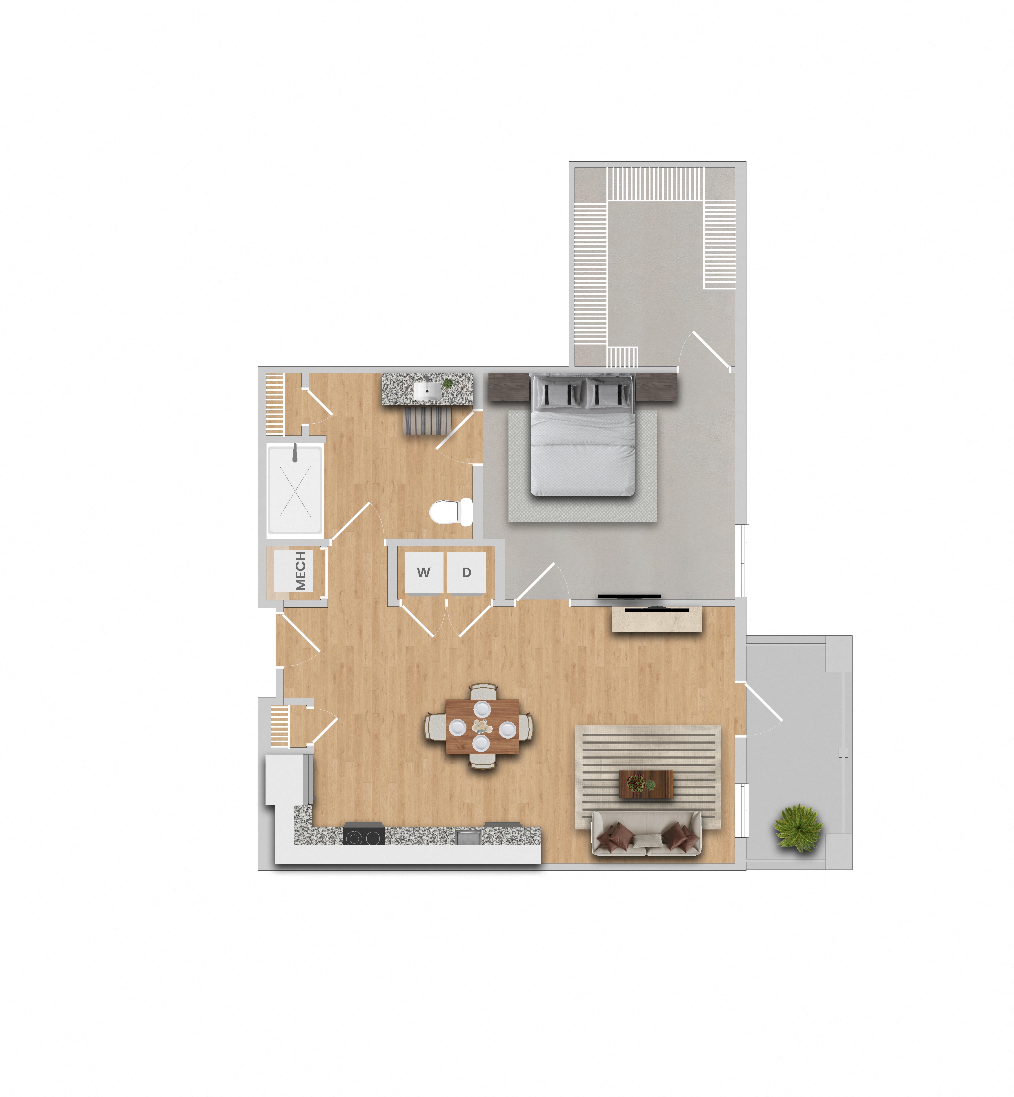 Floor plan for 1 bed, 1 bath, 855 sqft